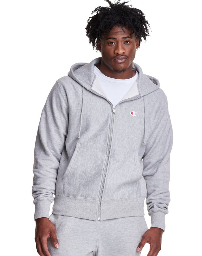 Champion Herre Hættetrøje Grå - Reverse Weave Full Zip C Logo - Danmark KCP-495217